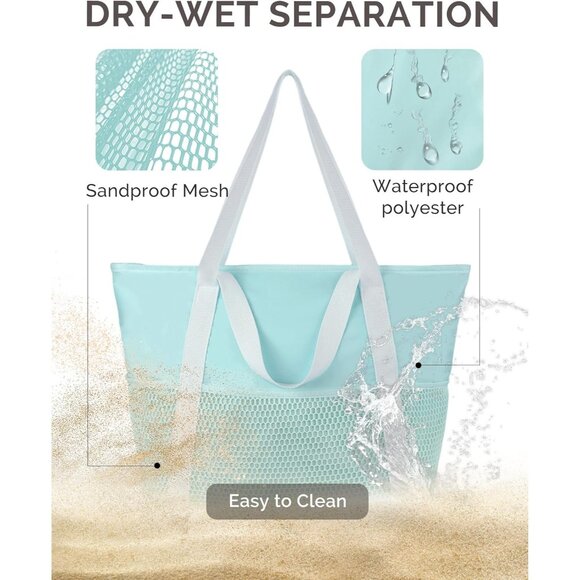 Women Tiff Beach Bag Large Waterproof Sandproof Foldable Tote With Zipper Mesh - Picture 4 of 7